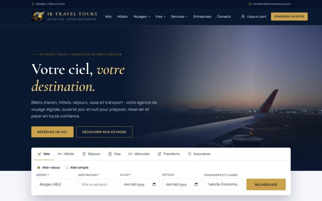 Page d’accueil du site IB Travel Tours